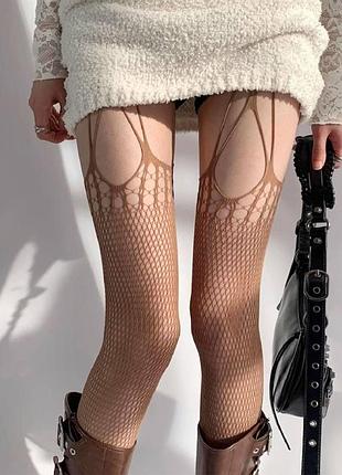 Чулки сетчатые кружевные ажурные с вырезами подтяжками под юбку шоколадные one size (d366)