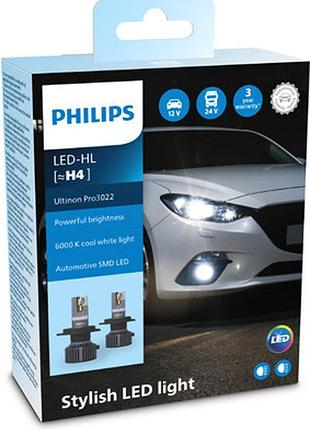 Комплект світлодіодних автоламп h4 led 12/24v 20w 6000k p43t / ultinon pro3022 / холодне біле світло / активн