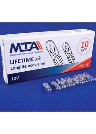 Автомобiльна лампа 12v безцокольна w1.2w 2 contact картон (10шт) тм mta