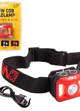 Фонарь налобный voin vl-163, 2 x 3w-cob (w/r)+3w xpe/акб800mah/регул. наклона