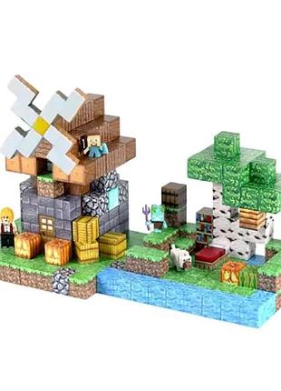 Дитячий конструктор minecraft "млин з річкою", магнітний конструктор майнкрафт, 267 блоків