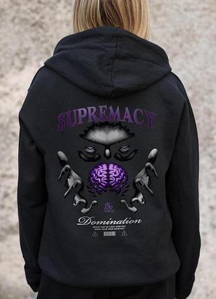Женское утепленное зип худи на флисе зипер с принтом supermacy without kane black