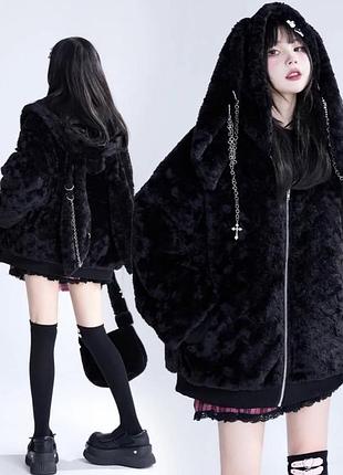 Подовжена шубка з другими заячими вушками та металевим декором готика лолита емо
