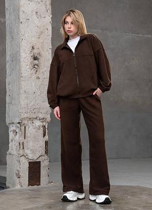 Костюм женский спортивный двойка кофта и штаны теплый флис шоколад коричневый 42-52 гг