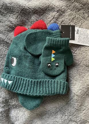 Новий набір з біркою! набір шапка і рукавиці, шапка діно , демисезонна шапочка бінні