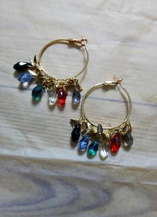 Новые красивые нарядные золотые серьги кольца с хрусталём и листиками ❤️3 фото
