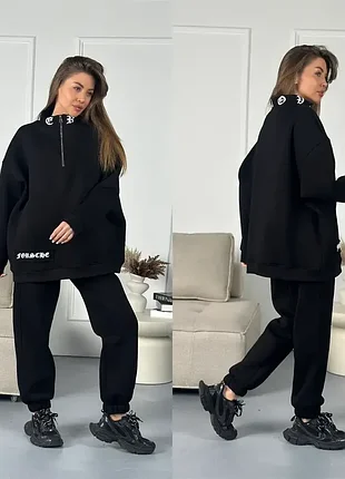 Женский теплый черный костюм на флисе