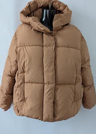 Куртка пуфер для девочки zara,164,13,14,пуффер,теплая, коричневая,полиэстер, курточка,с капишоном, утепленная,капишон,синтепон,пуховик,стеобана,теплая