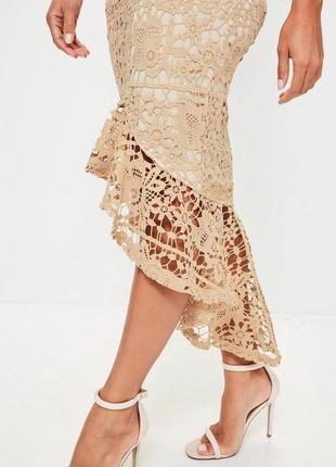 Вечернее нюдовое бежевое кружевное платье миди по фигуре гипюровое4 фото