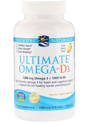 Рыбий жир омега-d3 (лимон), ultimate omega-d3, nordic naturals, 1000 мг, 120 гелевых капсул