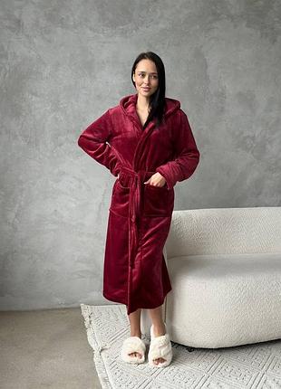 Теплий махровий халат бордо ✨ жіночий махровий халат з кишенями ✨