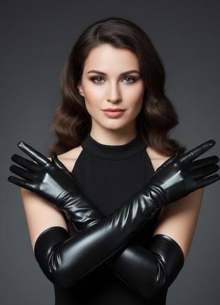 Жіночі чорні довгі рукавички з імітацією латексу 30/025