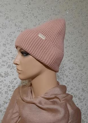 Теплая зимняя шапка antonio с отворотом пастельная розовая
