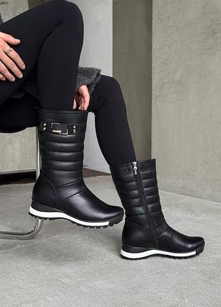 Дутики женские черные кожа зима / зимние дутики из натуральной кожи / черные кожаные дутики зима