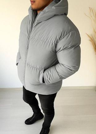 Чоловіча куртка тепла зимова стьобана на блискавці з капюшоном плащівка сірий