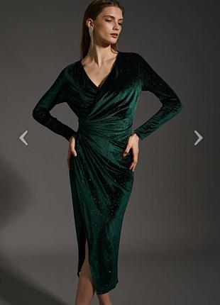 Прекрасное зеленое бархатное платье с блестками, праздничное платье миди, р. l