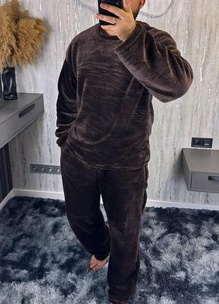 Теплая мужская махровая пижама домашний костюм шоколад