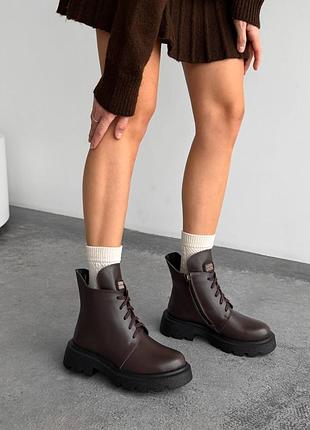 Черевики жіночі коричневі шкіра зима / зимові черевики шоколадного кольору / коричневі черевики зима