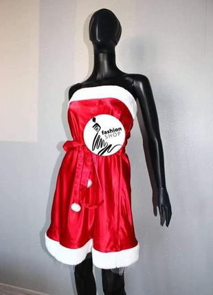 Новогоднее платье бюстье в стиле санта красное с белой окантовкой и помпонами4 фото