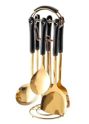 Набір кухонного приладдя на підставці 7 предметів кухонні аксесуари на підставці чорний із золотом hp-20-66