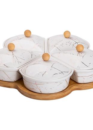 Менажница фарфоровая на вращающейся подставке 5 секций белая hp-1217