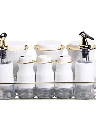 Набір для спецій на підставці з пляшками для олії та оцту 8 предметів білий hp-1360w