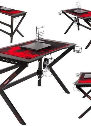 Ігровий комп’ютерний стіл з rgb led-підсвічуванням, тримачем для навушників та чашки, чорний