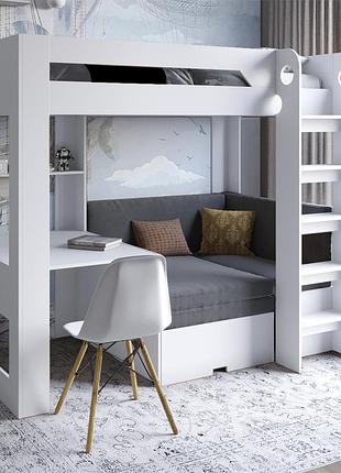 Дитяче двоярусне ліжко lion флай 90х190 см з вбудованим столом німфея альба (білий) (lion-041643) топ