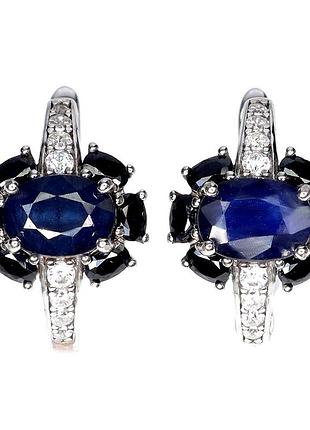 Серебряные серьги с натуральными синими сапфирами, черной шпинелью и фианитами