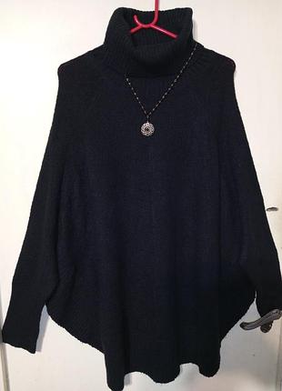 Трикотажний темно-синій светр-пончо з рукавами та високою шийкою батал-оверсайз lindex