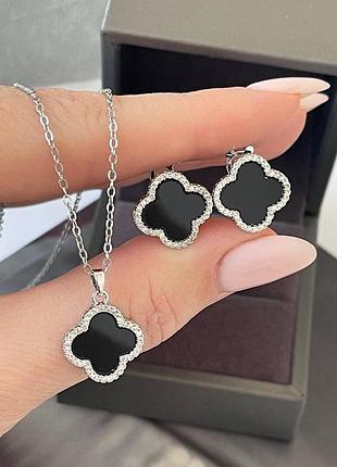 Набор родиной серьги и колье, клевер клевер ванклиф, под черный оникс, контур камешки