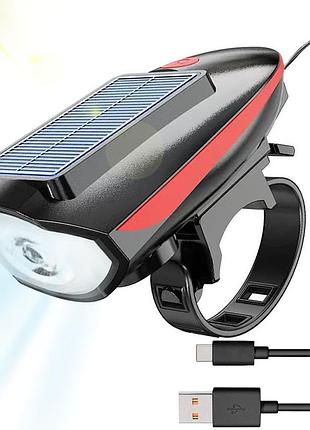 Велофара с солнечной панелью и сигналом, usb, 7599