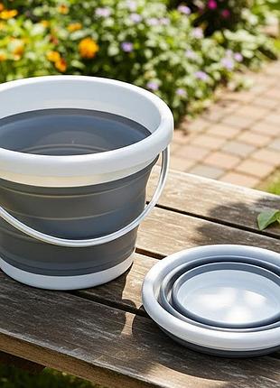 Складное силиконовое ведро на 5 л, collapsible bucket, серое