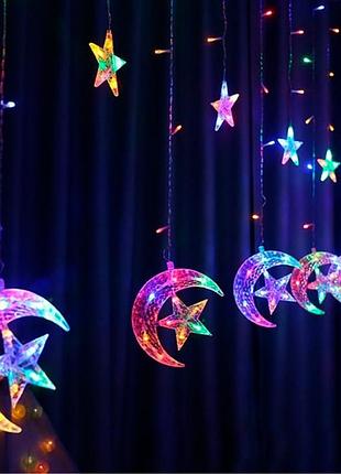 Гирлянда штора от сети 2,5х0,6 м, 138 led, разноцветный, звезды и луна ad-50551