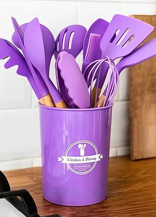 Набір кухонного приладдя 12 предметів, kitchen set, із силікону + підставка, фіолетовий