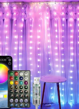 Смарт гирлянда штора + пульт, от usb, 3х3м, 300led, bluetooth, sfk-06, разноцветная