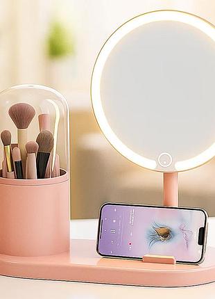 Настільне дзеркало з підсвіткою + підставка для пензлів, від usb, рожеве
