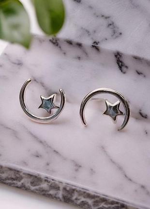 Сережки-цвяшки місяць і зірка покриття сріблом 925 проби