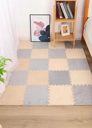 Килимок-пазл плюшевий бежевий з сірим, 30х30 см 20 шт.