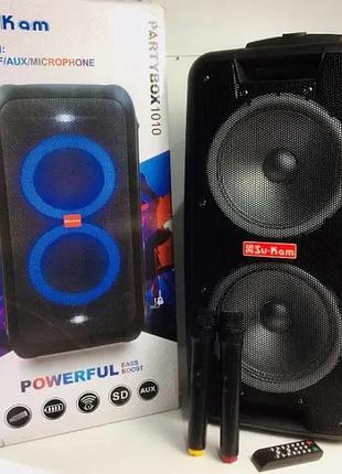 Портативная колонка su-kam 1010 + 2 микрофона + bt 12v220v