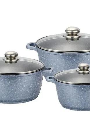 Кухонний набір каструль із кришками benson bn-299 з литого алюмінію та мармуровим антипригарним покриттям об'ємом 1.5/2.2/3.2 л.