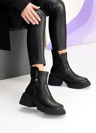 Практичные женские кожаные черные ботинки зимние ботинки натуральная кожа зима
