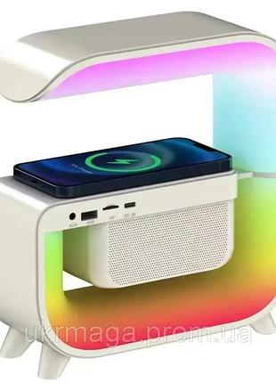 Ночник аккумуляторный rgb g 3 с беспроводной зарядкой 15w и bluetooth колонкой 3w настольная смарт лампа