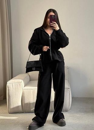 Жіночий чорний теплий костюм двійка на флісі худі і штани