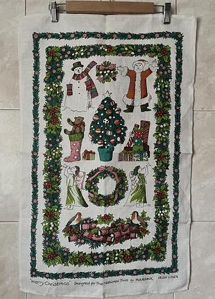 Вінтажний колекційний рушник з ілюстраціями з щільного ірландського льону в новорічній тематиці в стилі ретро вінтаж vintage stories
