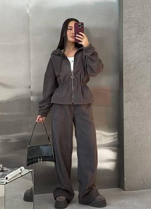 Жіночий темно-сірий костюм двійка на флісі теплий базовий худі і штани
