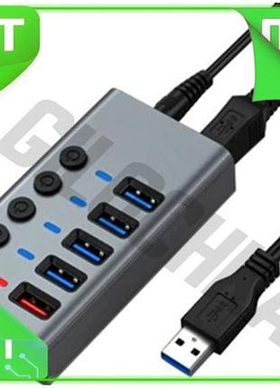 Ve хаб usb dynamode 5xusb new version 3.0 сірий з блоком живлення для комп'ютера usb концентратор usb n6w_ver