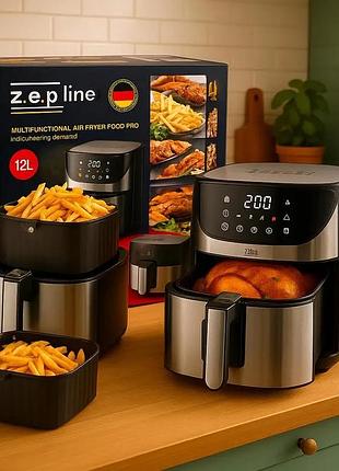 Аэрофритюрница zepline zp-217 12л 4200вт с двумя тэнами сенсорная мультипечь без масла с корзиной антипригарная фритюрница