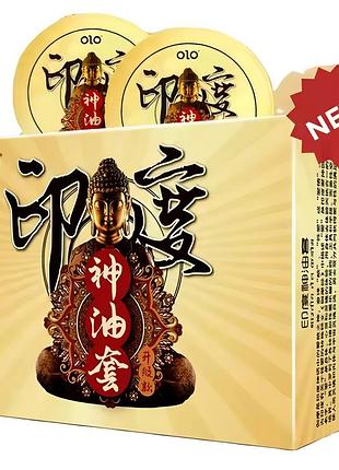 Ультратонкі презервативи з гіалуроновою кислотою, пролонгуючим ефектом та точковою текстурою olo - gold indian god oil, 10 шт