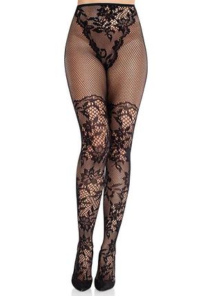 Колготки leg avenue dahlia lace tights with net thigh detail one size sexual toys